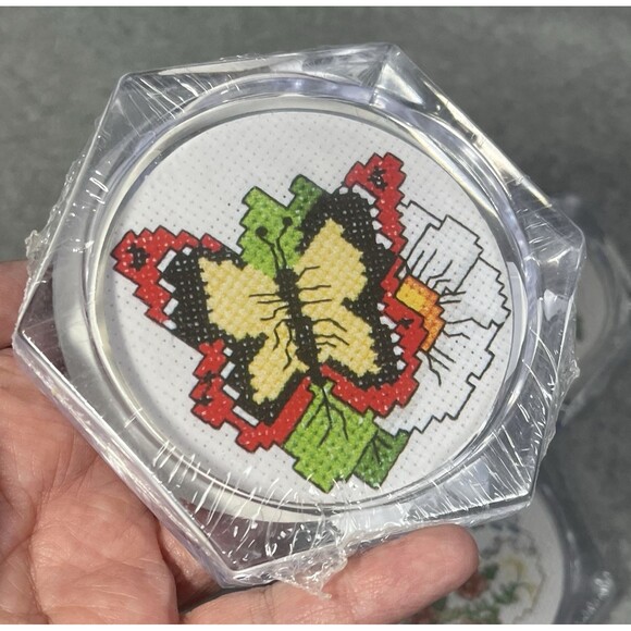Vtg Acrylic Coasters MCG Textiles Cross Stitch Kit Butterfly Heart Rose Lot Of 4 - Picture 5 of 15